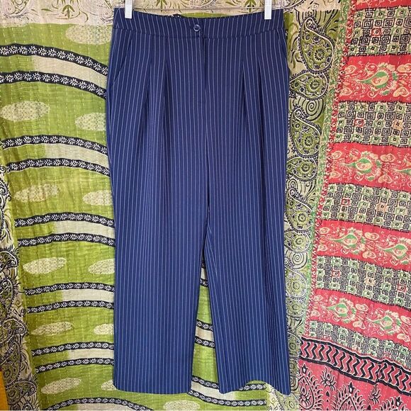 Commense Navy Pinstripe Pleated Wide-Leg Trousers Size Large - Picture 2 of 16